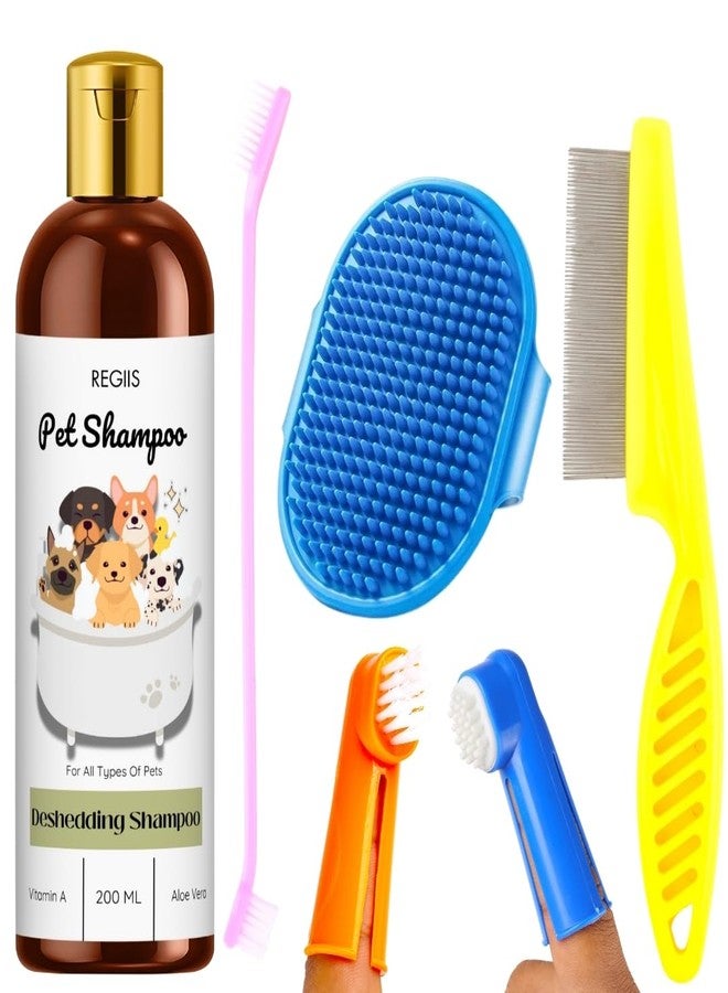 مجموعة شامبو ريجيس للحيوانات الأليفة مع فرش للعناية، تركيبة لإزالة الشعر الزائد، 200 مل، أمشاط زرقاء وبرتقالية للكلاب (عبوة من 4 قطع) - Image 1